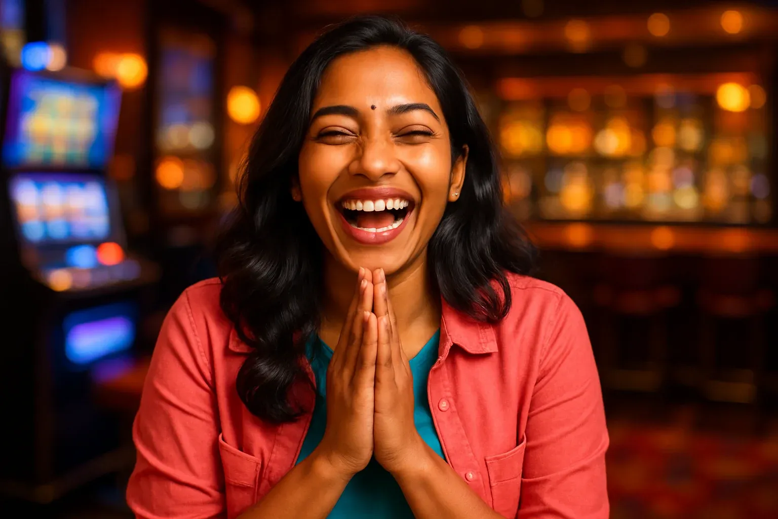 Cheerful Bangladeshi woman laughing with hands together in casino bar bokeh