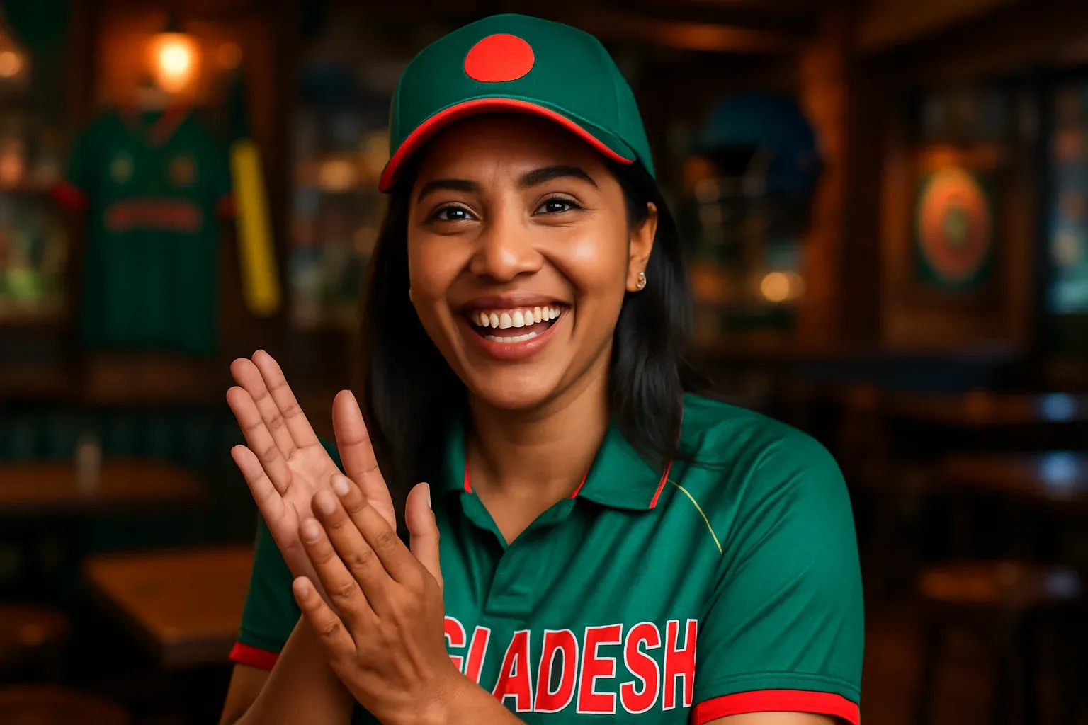 Happy Bangladeshi woman cricket fan clapping in sports bar background