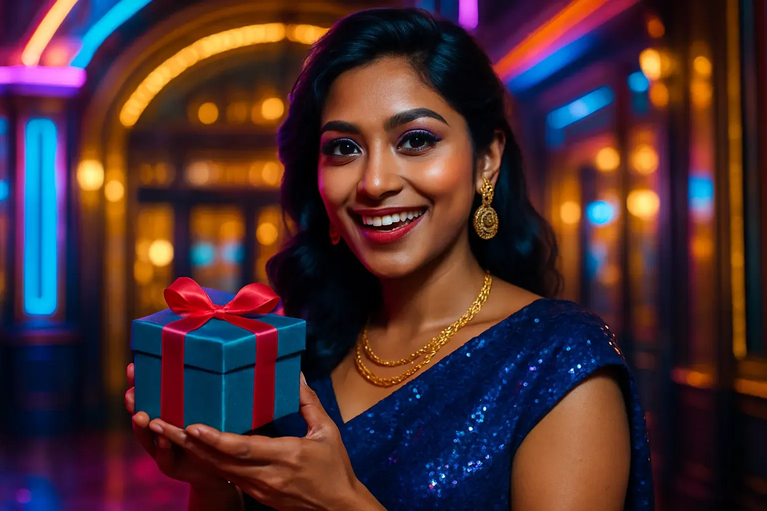 Sophisticated Bangladeshi woman holding gift box at blurred casino entrance