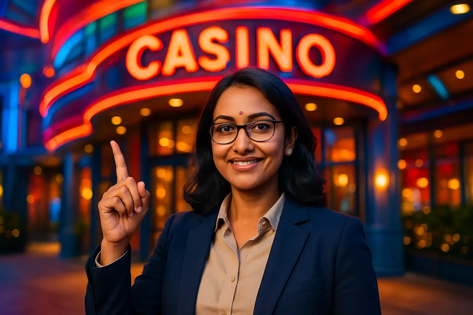 Sophisticated Bangladeshi woman pointing upward, smiling, blurred casino entrance background