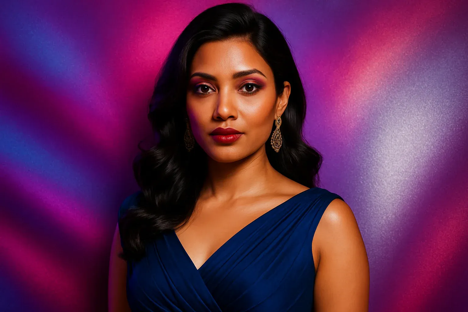 High-resolution portrait of sophisticated Bangladeshi woman in evening dress on purple and silver gradient background