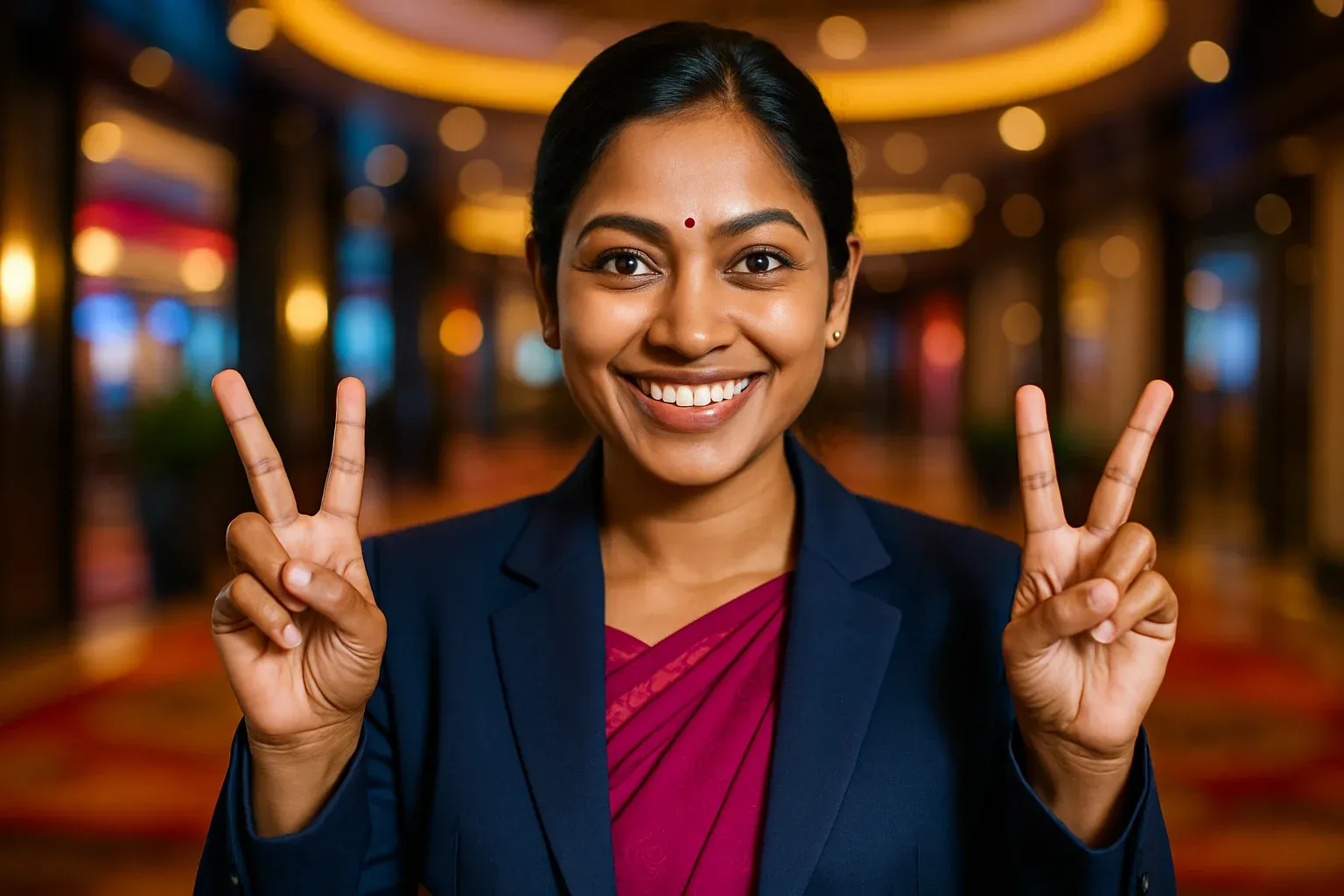 Happy Bangladeshi businesswoman making V-signs at blurred casino entrance