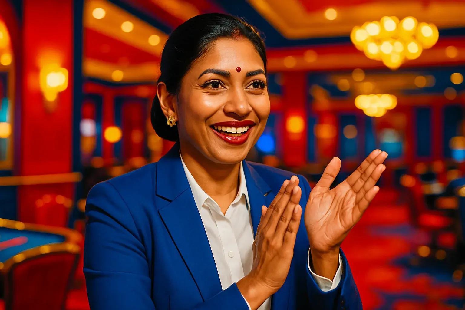 Sophisticated Bangladeshi woman in business attire clapping in blurred casino lounge